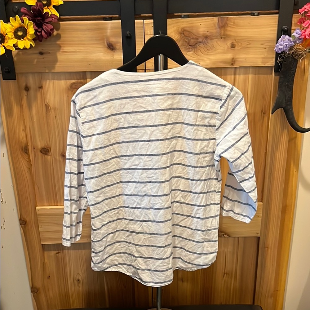 Sunday Women's Striped Blouse with Lace-Up Front in White and Blue - Picture 8 of 10